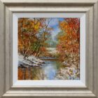 lake district art original oil painting textured oil landscape by terry evans beautiful countryside scene of a stream through woodland with orange red autumn leaves and winter snow