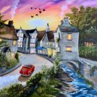 Lake District art original acrylic painting Let the River Run by Caroline Deighton of an open topped red sports car driving past Bridge House and the river in Ambleside.