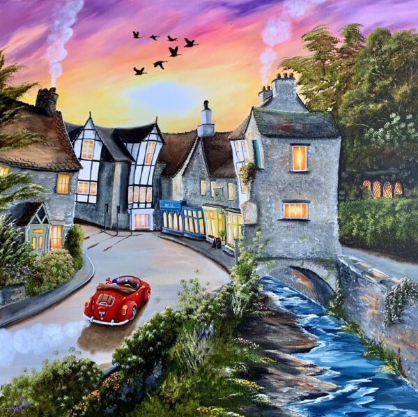 Lake District art original acrylic painting Let the River Run by Caroline Deighton of an open topped red sports car driving past Bridge House and the river in Ambleside.