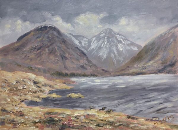 Lake District art original oil painting by Jeff Sudders. Wastwater on a cloudy day featuring yewbarrow great gable and scafell.
