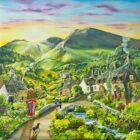 Lake District art original oil and acrylic painting Choices Choices by Caroline Deighton of a couple with dog walking through a village with mountains behind and red phone box.