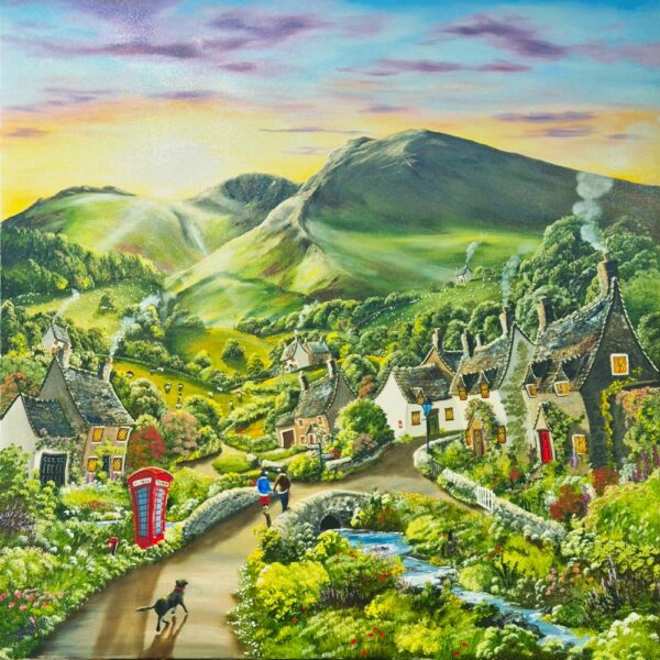 Lake District art original oil and acrylic painting Choices Choices by Caroline Deighton of a couple with dog walking through a village with mountains behind and red phone box.