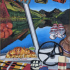 Open edition print by Donna Flowers-Dorning of a sailing boat on Windermere with a clear sky and mountains reflected in the water