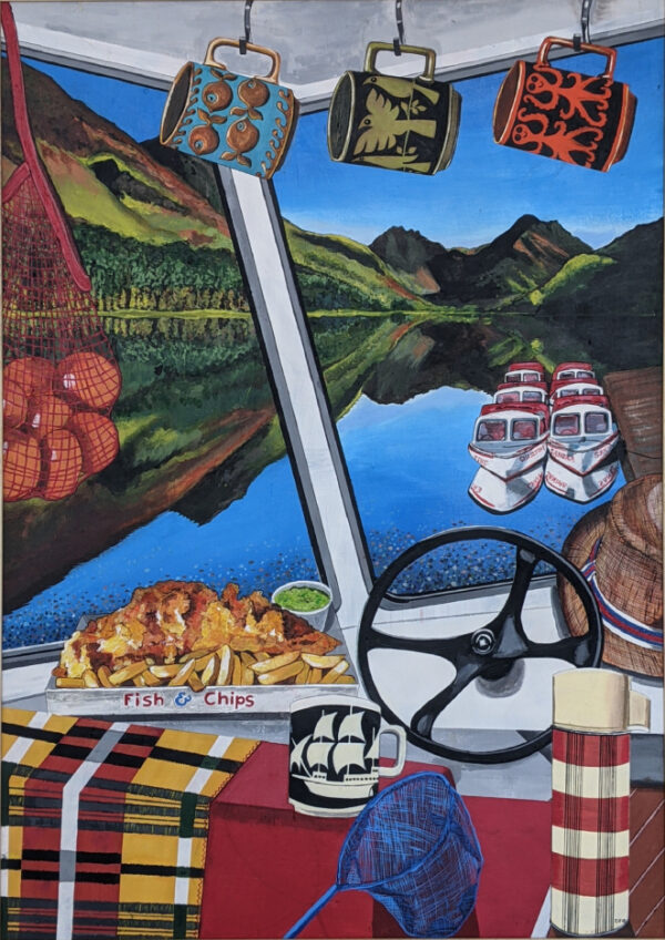 Open edition print by Donna Flowers-Dorning of a sailing boat on Windermere with a clear sky and mountains reflected in the water