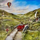 Lake District art original acrylic painting Gonna Be Flying High by Caroline Deignton of a red sports car driving through the countryside with hot air balloon and postbox.