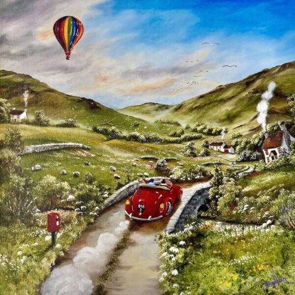 Lake District art original acrylic painting Gonna Be Flying High by Caroline Deignton of a red sports car driving through the countryside with hot air balloon and postbox.