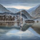 Lake District art original oil painting by Ben Goymour. Jaws of Borrowdale - a view over derwentwater near keswick with a sailboat on calm waters - clouds and mist around castle crag