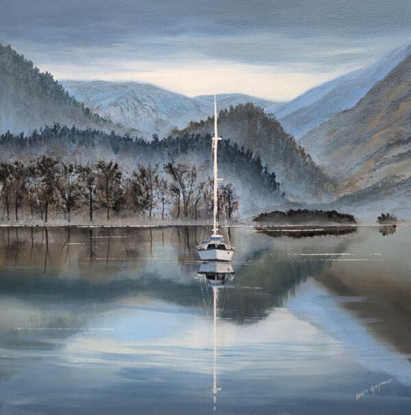 Lake District art original oil painting by Ben Goymour. Jaws of Borrowdale - a view over derwentwater near keswick with a sailboat on calm waters - clouds and mist around castle crag