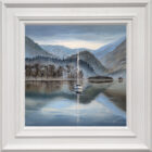 Lake District art original oil painting by Ben Goymour. Jaws of Borrowdale - a view over derwentwater near keswick with a sailboat on calm waters - clouds and mist around castle crag