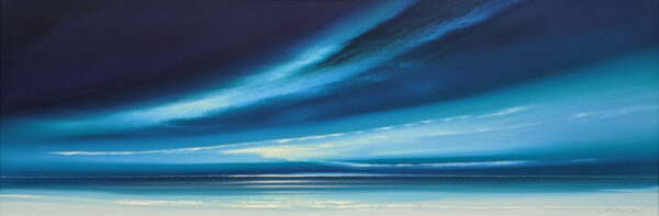 Lake District art original acrylic painting northern Skies by Jonathan Shaw of a dramatic skyscape in rich blue green light