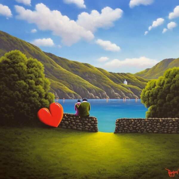 Lake District art original oil painting Our Secret Retreat by David Renshaw. featuring ted and doris overlooking a coastal scene a stone wall on the hillside bright blue sky and red heart