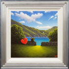 Lake District art original oil painting Our Secret Retreat by David Renshaw. featuring ted and doris overlooking a coastal scene a stone wall on the hillside bright blue sky and red heart