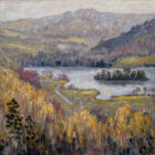 lake district art original oil painting by local artist jeff sudders. overlooking rydal water features path by the lake with trees heron island and silver howe fell