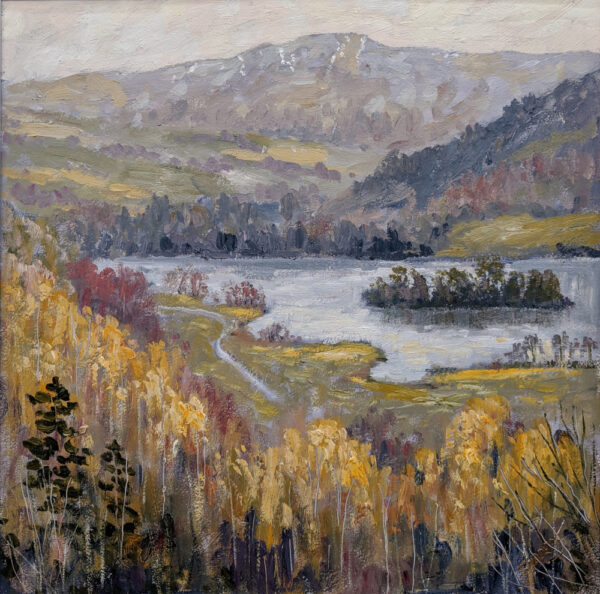 lake district art original oil painting by local artist jeff sudders. overlooking rydal water features path by the lake with trees heron island and silver howe fell
