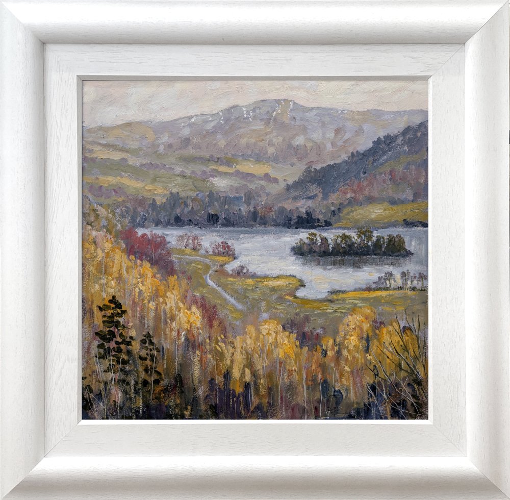 lake district art original oil painting by local artist jeff sudders. overlooking rydal water features path by the lake with trees heron island and silver howe fell