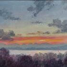 Lake District art original oil painting Red Sail on Windermere by Jeff Sudders of a glowing sunset over the lake with dark trees in the foreground and the red sail of a boat on the lake.