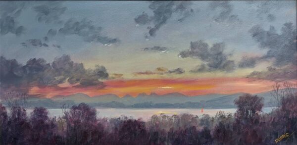 Lake District art original oil painting Red Sail on Windermere by Jeff Sudders of a glowing sunset over the lake with dark trees in the foreground and the red sail of a boat on the lake.