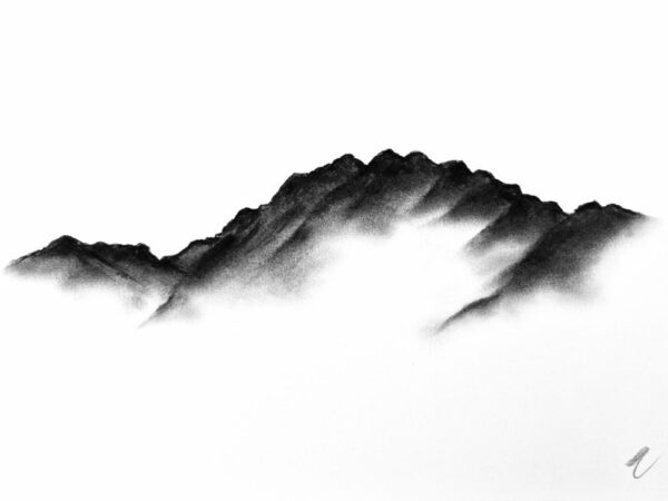 original charcoal art by lake district artist Daniel cooper Solitude Act 251: Haystacks from Buttermere. a dramatic mountain silhouette