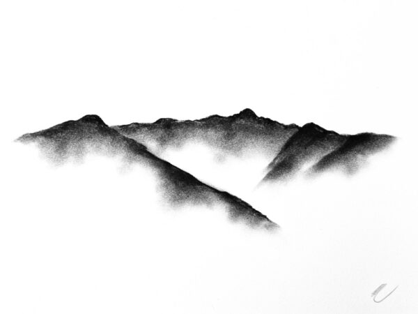 original charcoal art by lake district artist Daniel cooper Solitude Act 254 Blencathra near keswick and Derwentwater - dramatic mountain silhouette