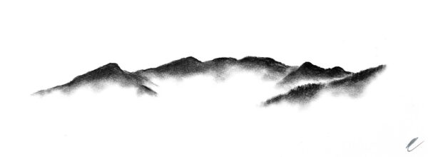 original charcoal art by lake district artist Daniel cooper. Solitude Act 256: Fairfield Horseshoe from Windermere near Ambleside - dramatic mountain silhouettes