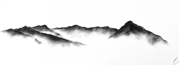 original charcoal art by lake district artist Daniel cooper. Solitude Act 266: Catsycam Helvellyn & Striding Edge - dramatic mountain silhouettes