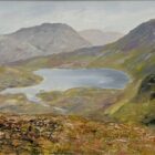 Lake District art original oil painting Stickle Tarn by Jeff Sudders with autumnal colours on the fells and mountains surrounding the tarn.