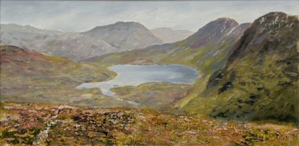Lake District art original oil painting Stickle Tarn by Jeff Sudders with autumnal colours on the fells and mountains surrounding the tarn.