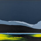 lake district art limited edition print by artist jay nottingham silhouettes and outlines of The Langdales pikes from Loughrigg Tarn north of windermere and skelwith bridge