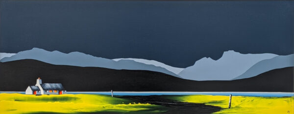 lake district art limited edition print by artist jay nottingham silhouettes and outlines of The Langdales pikes from Loughrigg Tarn north of windermere and skelwith bridge