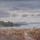 lake district art original oil painting by local artist Jeff Sudders. The Morning Walk at Waterhead an autumn scene of a dog walker going along a shoreline path with boats on lake windermere