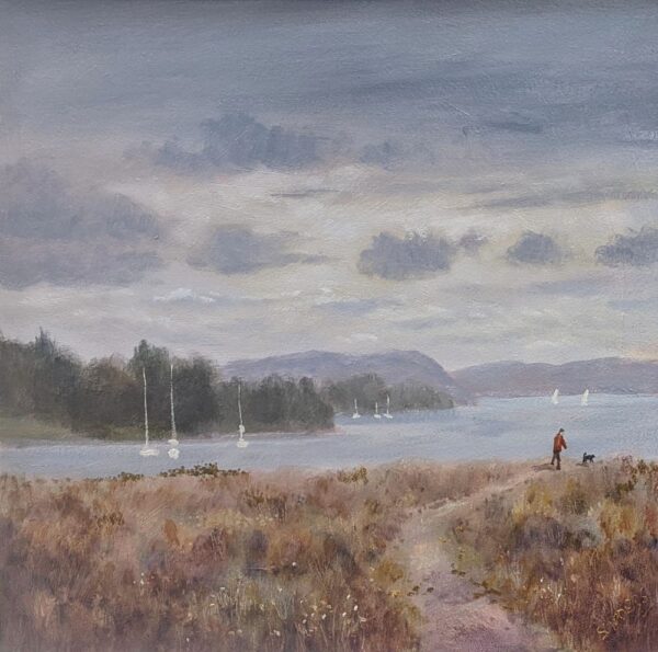 lake district art original oil painting by local artist Jeff Sudders. The Morning Walk at Waterhead an autumn scene of a dog walker going along a shoreline path with boats on lake windermere