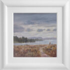 lake district art original oil painting by local artist Jeff Sudders. The Morning Walk at Waterhead an autumn scene of a dog walker going along a shoreline path with boats on lake windermere