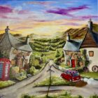 Lake District art original acrylic painting This Way for Adventure by Caroline Deighton of a red car driving though a village with signpost and red telephone box.