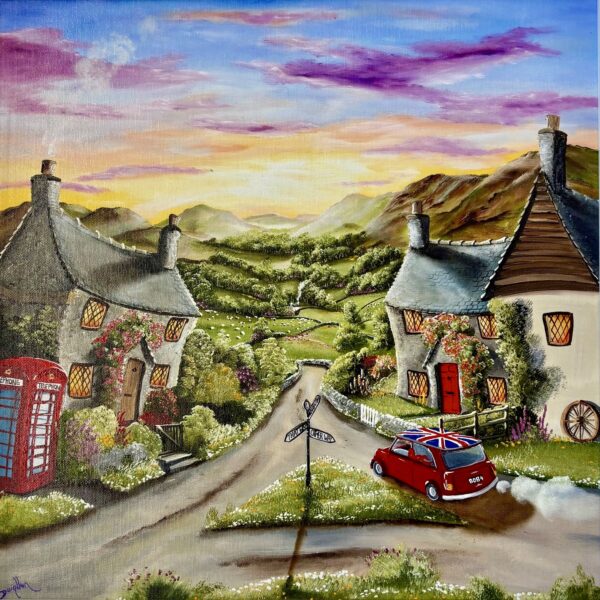 Lake District art original acrylic painting This Way for Adventure by Caroline Deighton of a red car driving though a village with signpost and red telephone box.