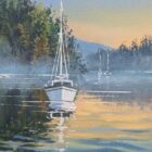 Lake District art original oil painting by Ben Goymour. Ullswater - a calm morning scene with pale peach and blue skies / sailboats and gentle ripples in the lake