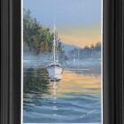 Lake District art original oil painting by Ben Goymour. Ullswater - a calm morning scene with pale peach and blue skies / sailboats and gentle ripples in the lake