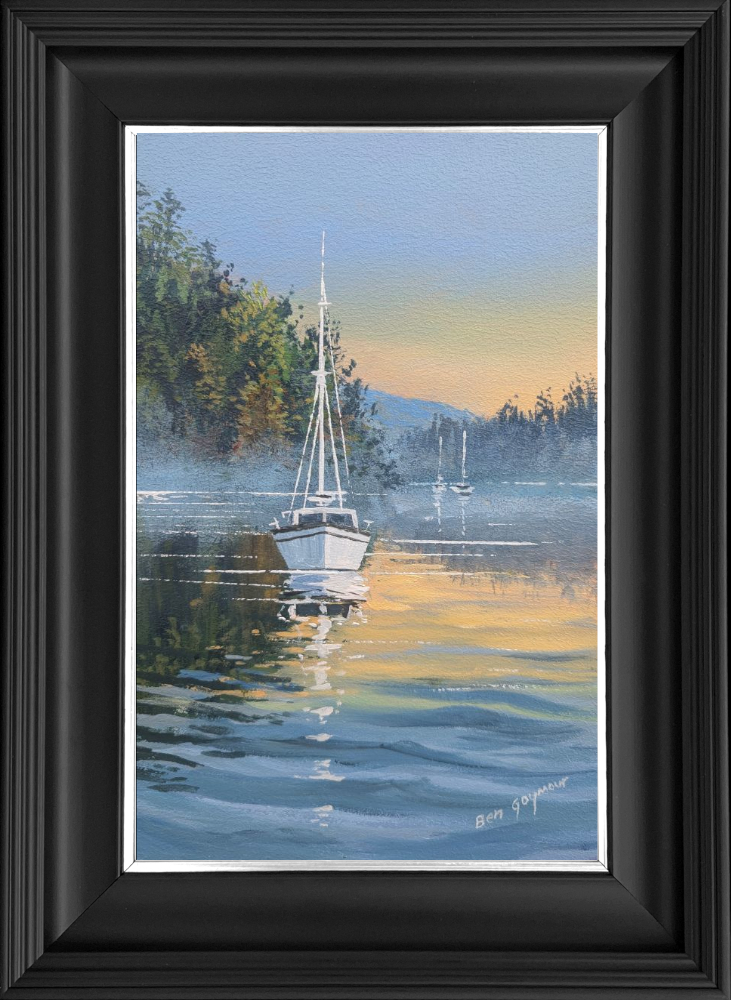 Lake District art original oil painting by Ben Goymour. Ullswater - a calm morning scene with pale peach and blue skies / sailboats and gentle ripples in the lake