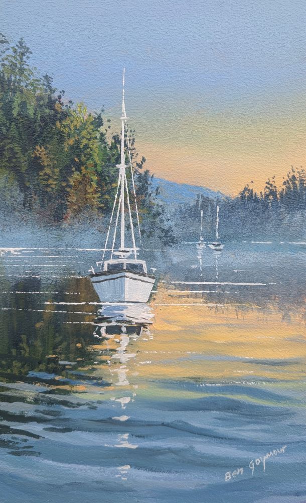 Ullswater by Ben Goymour (Collectors Edition) Lake District art original oil painting by Ben Goymour. Ullswater - a calm morning scene with pale peach and blue skies / sailboats and gentle ripples in the lake