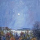 Lake District art original oil painting by Jeff Sudders. Waterhead Moon features a starry sky over Windermere with autumn trees in the foreground