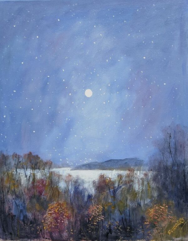 Lake District art original oil painting by Jeff Sudders. Waterhead Moon features a starry sky over Windermere with autumn trees in the foreground