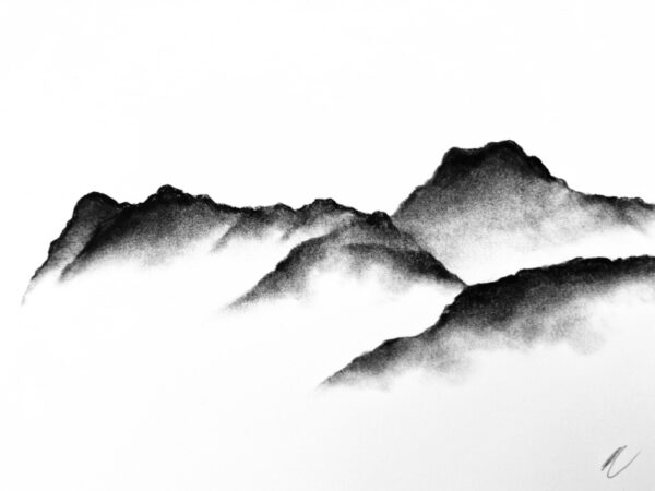 original charcoal and mixed media painting by lake district artist Daniel cooper featuring the langdale pikes from blea tarn cumbria