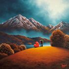 Lake District art original oil painting A Dream Come True by David Renshaw. A misty mountain landscape with a small full moon in the sky. Ted and Doris embrace on a hill near the love heart