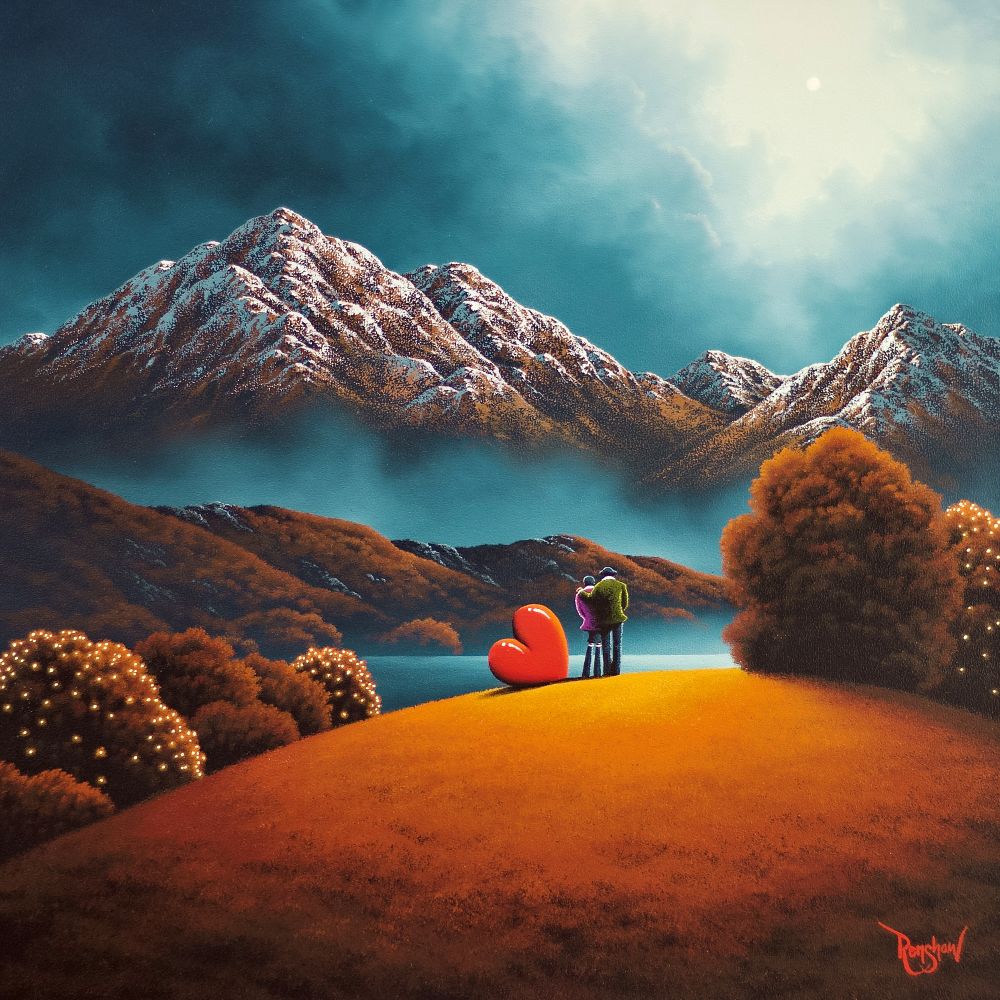 A Dream Come True by David Renshaw (1) Lake District art original oil painting A Dream Come True by David Renshaw. A misty mountain landscape with a small full moon in the sky. Ted and Doris embrace on a hill near the love heart