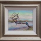 lake district art original oil painting by artist amanda jackson a view of derwentwater with sunrise colours two young children play climb on tree branch over lake