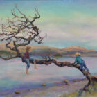 lake district art original oil painting by artist amanda jackson a view of derwentwater with sunrise colours two young children play climb on tree branch over lake