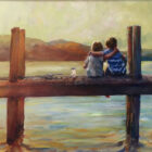 lake district art original oil painting by artist amanda jackson a view of derwentwater with sunset colours two young children sit on the jetty edge hugging rockpool gear beside them