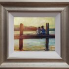 lake district art original oil painting by artist amanda jackson a view of derwentwater with sunset colours two young children sit on the jetty edge hugging rockpool gear beside them