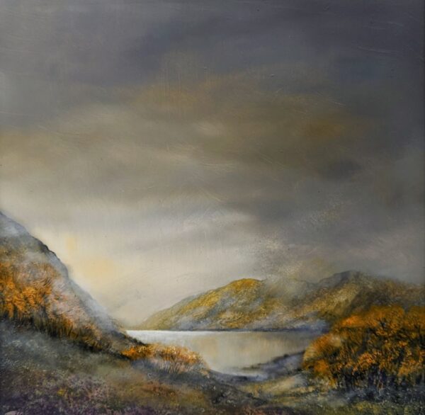 lake district art original oil and mixed media painting of autumn light ullswater. A moody landscape with dark clouds and mountains misty atmosphere and textured foreground