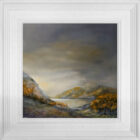 lake district art original oil and mixed media painting of autumn light ullswater. A moody landscape with dark clouds and mountains misty atmosphere and textured foreground