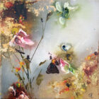 Lake District art. Original mixed media painting by Tina Earnshaw. Autumn Light an abstract misty autumnal scene with the impression of foliage and flowers with gold detailing